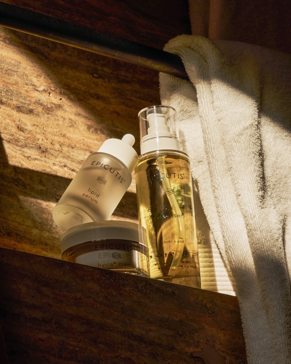 Epicutis Lipid Serum, Oil Cleanser and Hyvia Crème on a shelf